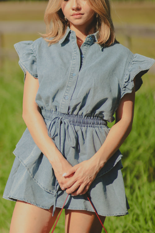 BUTTONED FRONT DENIM ROMPER WITH SMOCKED WAIST